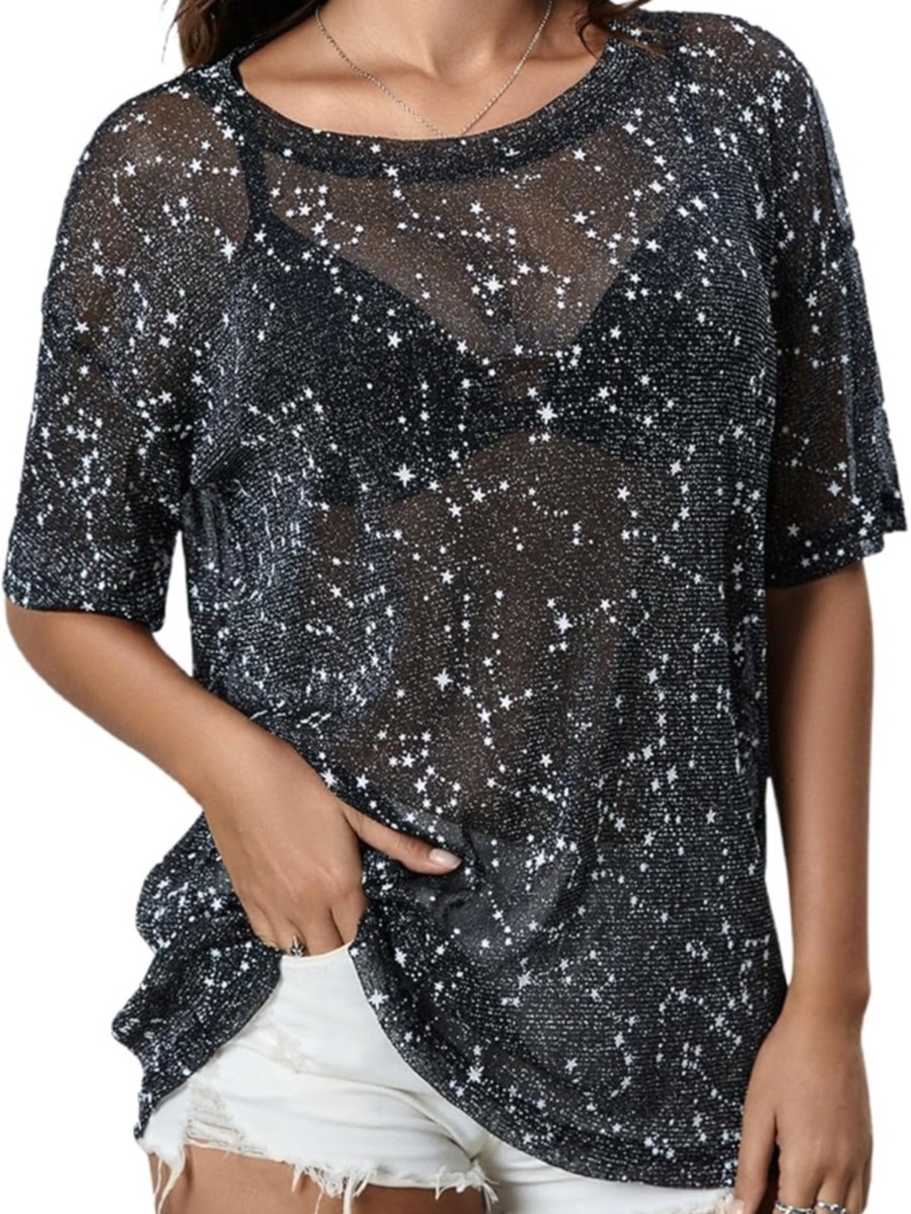 Sheer Black Star Print Short Sleeve Tee